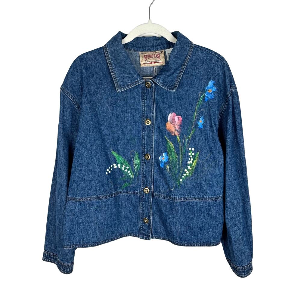 Vintage 90s Studio East Hand Painted Floral Denim Jacket Womens 12 Button Up